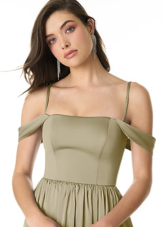 Azazie Morana Jurken voor bruidsmeisjes Converteerbaar Jurk van Stretch Satijn met A-Lijn Off the Shoulder Mosgroen image6