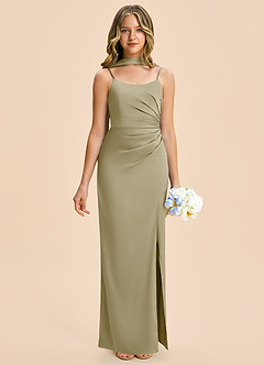 Azazie Calandra Junior Moss Green Sheath Pleated Stretch Satin Dress image1
