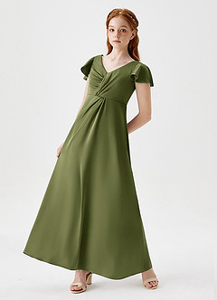 Azazie Soren Junior Olive A-Line Ruched Stretch Satin Dress image5