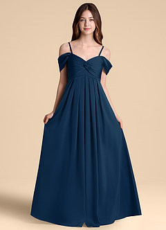 Azazie Kaitlynn Junior Dark Navy A-Line Off the Shoulder Stretch Satin Dress image6
