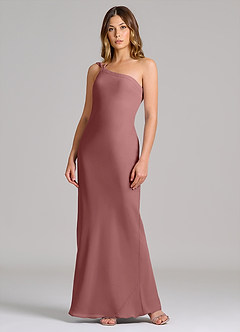 Azazie Monroe Robes de demoiselle d'honneur Robe Fourreau en Mousseline de soie Une épaule Rose Du Désert image3