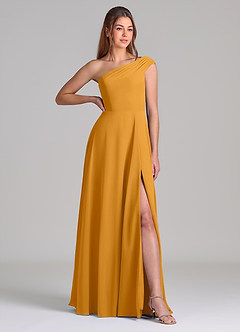 Azazie Melanie Bridesmaid Dresses Butterscotch A-Line Off the Shoulder Chiffon Dress image4