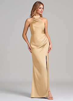 Azazie Karlotta Bridesmaid Dresses Gold Sheath Pleated Stretch Satin Dress image5