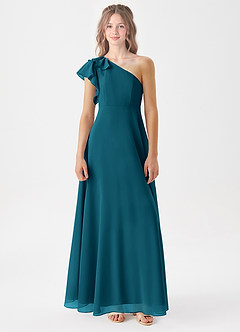 Azazie Arabella Junior Abito A-Line in Chiffon Increspato Blu Inchiostro image3