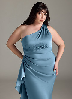 Azazie Latrice Bridesmaid Dresses Steel Blue Sheath One Shoulder Cascading Ruffles Stretch Satin Dress image10