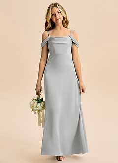 Azazie Lettie Junior Vestido Prata de Cetim elástico de Linha A com Fora do ombro image2