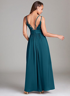 Azazie Maren Allure Bridesmaid Dresses Ink Blue A-Line Lace Stretch Satin Dress image5