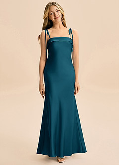 Azazie Willa Junior Ink Blue Mermaid Bow Stretch Satin Dress image1