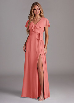 Azazie Lainey Bridesmaid Dresses Coral A-Line with Pockets Chiffon Dress image3