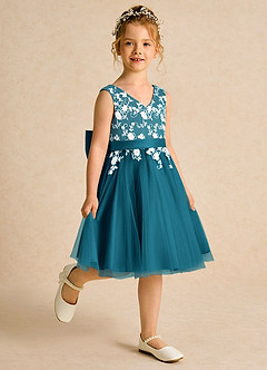 Azazie Butterfly Flower Girl Dresses Ink Blue A-Line Lace Dress image3