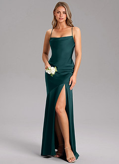 Azazie Grata Bridesmaid Dresses Pine Sheath Side Slit Stretch Satin Dress image1