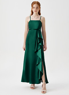Azazie Kaylee Junior Emerald A-Line with Belt Metallic Satin Dress image5