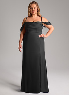 Azazie Saige Jurken voor thuis passen Jurk van Stretch Satijn met Kolom Off the Shoulder Zwart image15