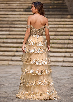 Glitz Champagne Robe de bal trapèze à volants image2