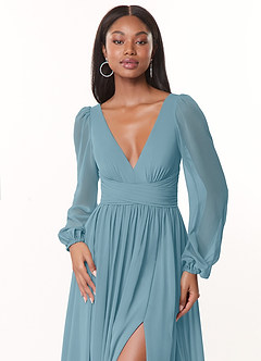 Azazie Norah Bridesmaid Dresses Moody Blue A-Line V-Neck Long Sleeve Chiffon Dress image5
