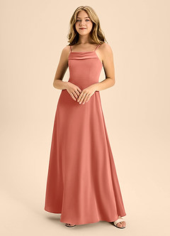 Azazie Anselie Junior Salmon Pink A-Line Off the Shoulder Stretch Satin Dress image3