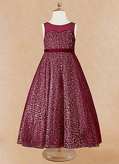 Azazie Siwa Flower Girl Dresses Burgundy A-Line Beaded Tulle Dress image5
