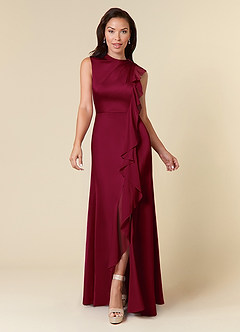 Azazie Narine Mother of the Bride Dresses Burgundy A-Line High Neckline Pleated Stretch Satin Dress image3