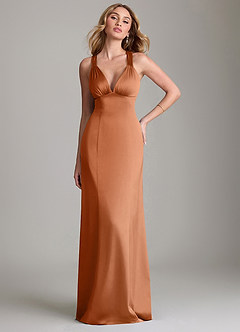 Azazie Cemion 신부 들러리 드레스 A라인 스트레치 새틴 바닥 길이 드레스 image1