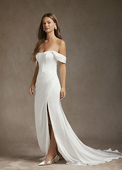 美品✨ sahara サハラ Tulle Sleeve Satin Dress Azazie Aurelie Diamond White Mermaid Off the Shoulder Stretch