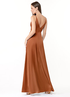 Azazie Dalilah Robes de demoiselle d'honneur Robe Trapèze en Satin extensible Col V plissé Cuivre image2