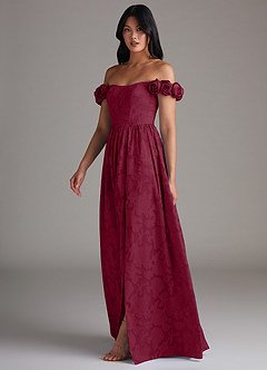 Azazie Autumn Robes de demoiselle d'honneur Robe Trapèze Convertible en Blumen-Burnout Épaule décolletée Bourgogne image4