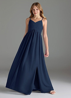 Azazie Alia Junior Vestido de Azul Marino Oscuro de Gasa de Corte en A con Plisado image4