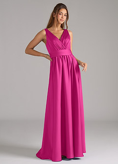 Azazie Kora Bridesmaid Dresses Fuchsia A-Line Pleated Stretch Satin Dress image3