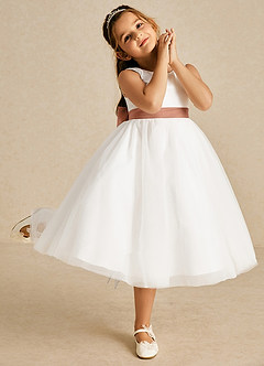 Azazie Kavi Flower Girl Dresses Ivory Bronzer A-Line Bow Matte Satin Dress image5