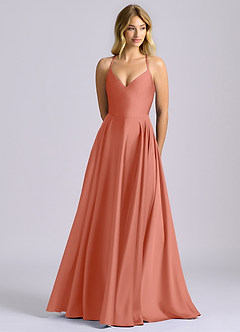 Azazie Truce Robes de demoiselle d'honneur Robe Trapèze en Satin extensible Rose Saumon image1