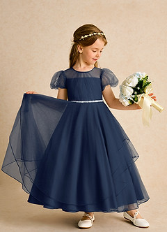 Azazie Duckie Flower Girl Dresses Dark Navy Ball-Gown Pleated Tulle Dress image3