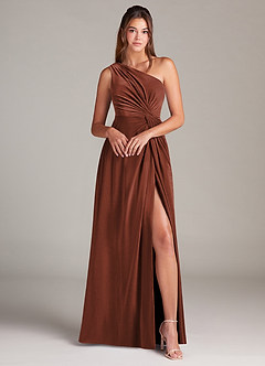 Azazie Brooke Bridesmaid Dresses Terracotta A-Line One Shoulder Velvet Dress image4