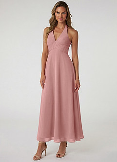 Azazie Tessie 신부 들러리 드레스 A라인 주름진 쉬폰 발목 길이 드레스 image1