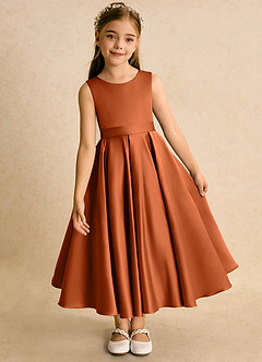 Azazie Junebuj vestidos de niña de las flores Vestido de Naranja Quemada de Satin Mate de Princesa con Plisado image6