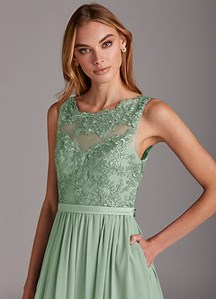 Azazie Elly Bridesmaid Dresses Agave A-Line Lace Scoop Neck Chiffon Dress image6