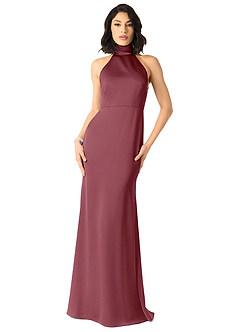 Azazie x Delaney Bridesmaid Dresses Desert Rose Sheath High Neck Stretch Satin Dress image1