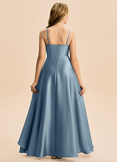 Azazie Eirlys Junior Vestido Azul Empoeirado de Cetim elástico de Linha A com Plissado image2