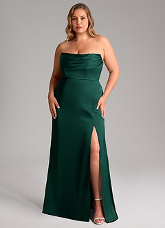 Azazie Saige Bridesmaid Dresses Emerald Sheath Off the Shoulder Stretch Satin Dress image16
