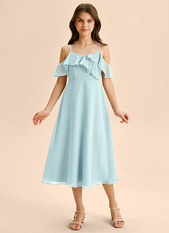 Azazie Kamilla Junior A라인 오프 더 숄더 쉬폰 티 길이 주니어 신부 들러리 드레스 image6