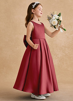 Azazie Honey Bear Flower Girl Dresses Pomegranate A-Line Pleated Matte Satin Dress image2