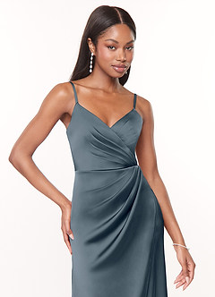 Azazie Maci Vestidos de damas de honor Vestido de Crepúsculo de Satén Elástico de Corte en A con Cuello en V plisado image5