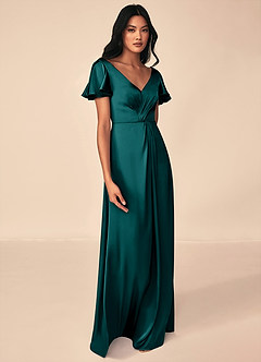 Azazie Soren Bridesmaid Dresses Peacock A-Line Pleated Stretch Satin Dress image4