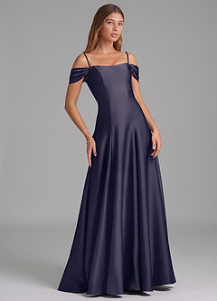 Azazie Seriana 신부 들러리 드레스 A라인 오프 더 숄더 스트레치 새틴 바닥 길이 드레스 image6