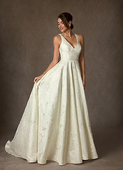 Azazie Olivette Wedding Dresses Antique White Ball-Gown Strap Floral Jacquard Dress image4