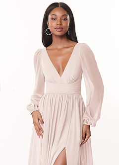 Azazie Norah Bridesmaid Dresses Rose Petal A-Line V-Neck Long Sleeve Chiffon Dress image5
