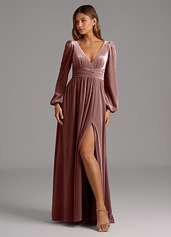 Azazie Norah Bridesmaid Dresses Espresso A-Line Long Sleeve Velvet Dress image1