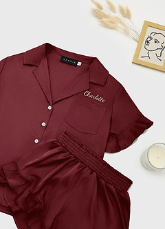 front Matching Color Personalized Embroidered Name Ruffled Short Sleeve Pajama Set