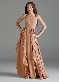 Azazie Peyton Junior Vestido de Champán Rosado de Gasa de Corte En A con Volantes en cascada Cuello en V image1