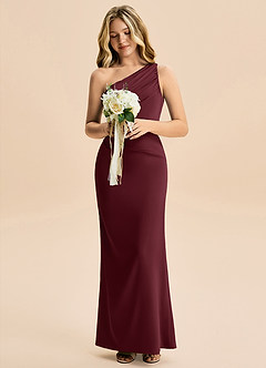 Azazie Akilah Junior Cabernet Sheath Pleated Stretch Satin Dress image4