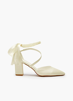 front Pearl Ankle Strap and Bow Pointed Toe Block Heels